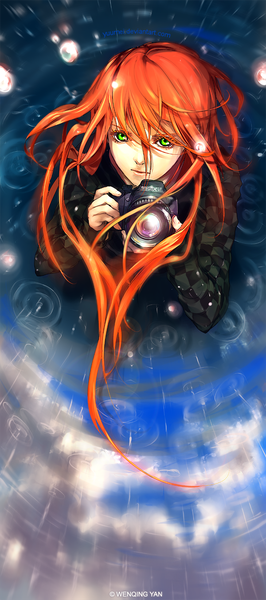 Anime picture 600x1350 with fisheye placebo robin soloviev yuumei single long hair tall image looking at viewer fringe hair between eyes holding green eyes signed sky red hair parted lips from above floating hair watermark looking up rain