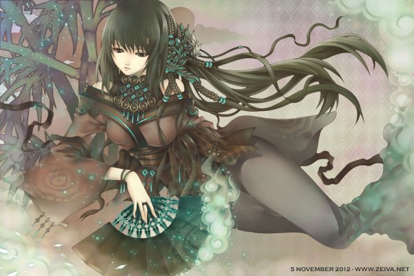 Anime picture 1200x800 with original zeiva (artist) single long hair black hair signed braid (braids) black eyes girl hair ornament jewelry ring fan