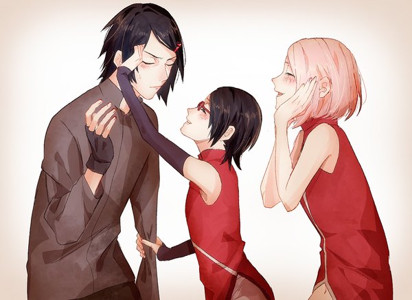 Anime picture 962x700 with naruto studio pierrot naruto (series) uchiha sasuke haruno sakura uchiha sarada szk (sssk) blush short hair black hair simple background smile multiple girls holding pink hair eyes closed profile arm up leaning embarrassed