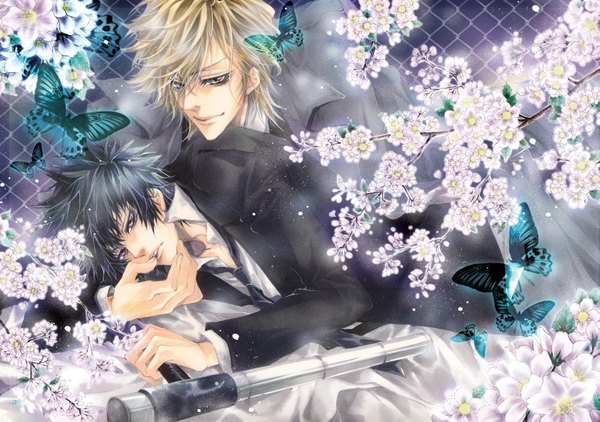 Anime picture 1675x1179 with katekyou hitman reborn hibari kyouya dino cavallone hina short hair black hair blonde hair smile purple eyes brown eyes lying cherry blossoms finger to mouth shounen ai boy flower (flowers) weapon necktie insect butterfly