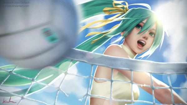 Anime picture 1920x1080 with vocaloid hatsune miku gohpot single long hair fringe highres open mouth hair between eyes wide image twintails signed looking away sky cloud (clouds) ahoge aqua eyes aqua hair teeth beach volleyball