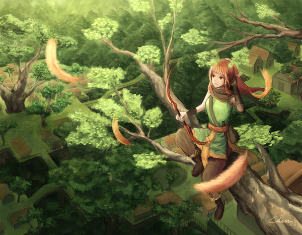 Anime picture 1929x1500 with original charlottexxi (artist) single long hair highres sitting bare shoulders ponytail light smile from above orange hair orange eyes scar tree sitting girl plant (plants) tree (trees) belt scarf building (buildings)