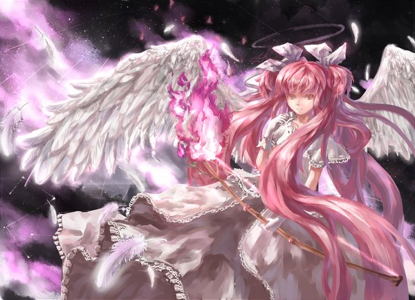 Anime picture 1400x1017 with mahou shoujo madoka magica shaft (studio) kanome madoka c.z. single fringe standing twintails sky very long hair pink eyes glowing white wings angel girl dress gloves hair ornament weapon wings