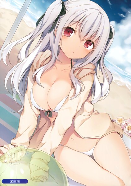 Anime picture 2384x3386 with melonbooks komeshiro kasu single long hair tall image looking at viewer blush highres breasts light erotic red eyes cleavage white hair scan official art two side up beach girl navel ribbon (ribbons)