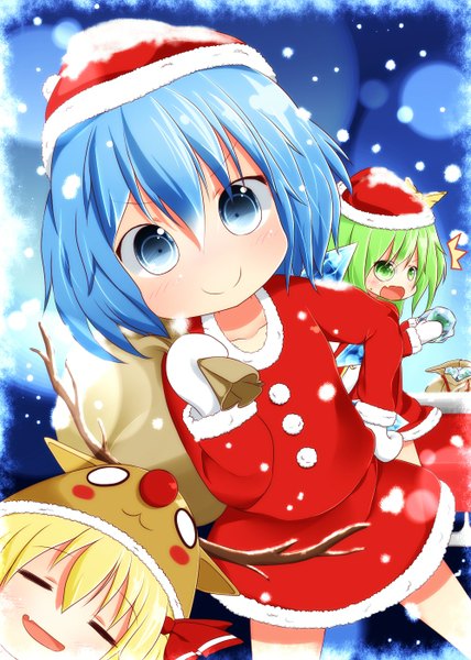 Anime picture 1000x1400 with touhou cirno rumia daiyousei tall image blush short hair open mouth blue eyes blonde hair simple background smile multiple girls green eyes blue hair eyes closed horn (horns) green hair from above teeth