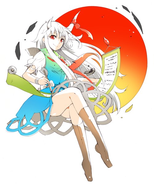 Anime picture 900x1082 with touhou kamishirasawa keine ex-keine ichizen (o tori) single long hair tall image looking at viewer simple background smile red eyes white background sitting white hair horn (horns) wind crossed legs calligraphy girl dress