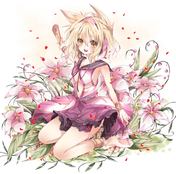 Anime picture 1234x1220 with touhou toyosatomimi no miko nanase nao single looking at viewer blush short hair open mouth blonde hair sitting animal ears yellow eyes barefoot kneeling girl navel flower (flowers) bracelet headphones jewelry