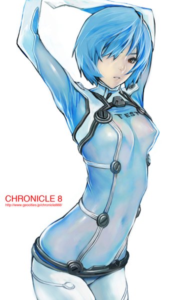 Anime picture 900x1500 with neon genesis evangelion rebuild of evangelion evangelion: 2.0 you can (not) advance end of evangelion gainax ayanami rei kiyohisa single tall image fringe short hair breasts light erotic simple background standing white background brown eyes looking away hair over one eye arms up