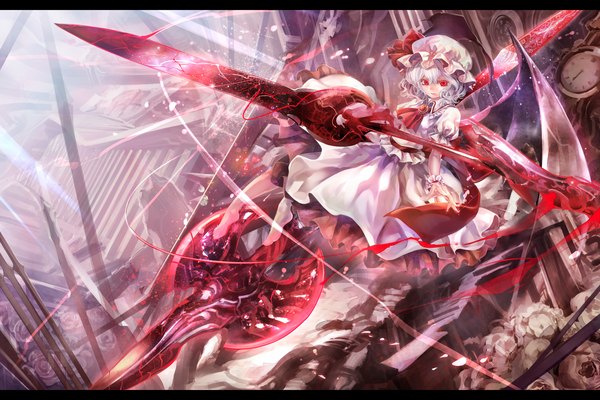 Anime picture 1920x1280 with touhou remilia scarlet torino aqua single highres short hair red eyes white hair barefoot letterboxed girl dress weapon wings frills spear the gungnir