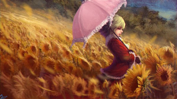 Anime picture 1920x1081 with touhou kazami yuuka ichiro matsura single fringe highres short hair wide image signed long sleeves profile green hair wind girl gloves flower (flowers) black gloves umbrella sunflower