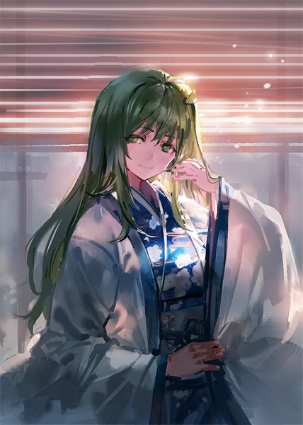 Anime picture 628x880 with touhou kochiya sanae kishiyo single long hair tall image looking at viewer smile green eyes long sleeves traditional clothes japanese clothes green hair sunlight wide sleeves floral print girl