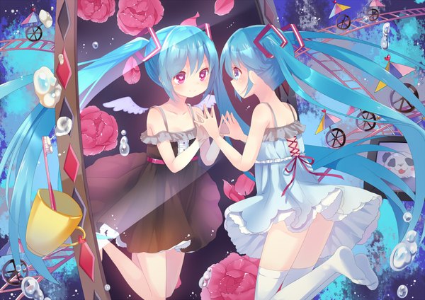 Anime picture 2000x1414 with vocaloid hatsune miku mvv long hair highres blue eyes twintails pink eyes aqua eyes symbol-shaped pupils dual persona different reflection girl dress flower (flowers) animal white dress black dress rose (roses) panda