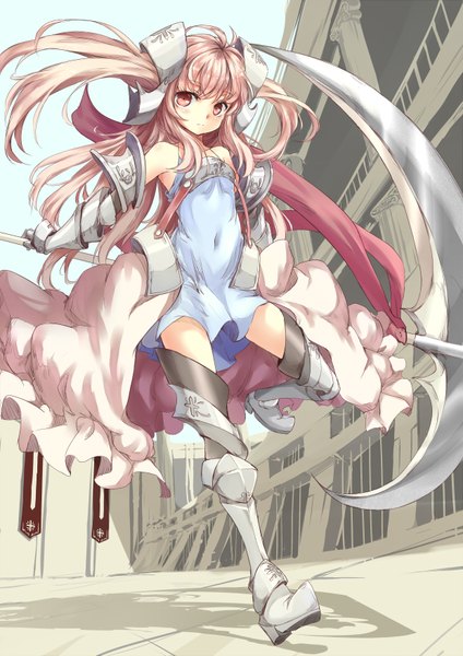 Anime picture 2480x3507 with original mixke single long hair tall image looking at viewer highres bare shoulders pink hair pink eyes girl dress gloves hair ornament weapon elbow gloves thigh boots scythe