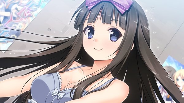 Anime picture 1280x720 with ano ko wa ore kara hanarenai giga kamishiro aoi long hair blue eyes black hair smile wide image game cg girl dress bow hair bow