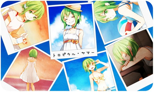 Anime picture 1000x600 with vocaloid gumi tama (songe) looking at viewer blush short hair open mouth smile wide image bare shoulders green eyes sky cloud (clouds) eyes closed green hair sleeveless beach happy hands behind back sleeping