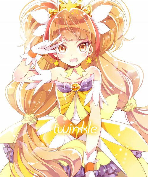 Anime picture 1000x1199 with precure go! princess precure toei animation amanogawa kirara cure twinkle ayumaru (art of life) single long hair tall image looking at viewer blush open mouth simple background brown hair white background twintails bare shoulders brown eyes character names low twintails
