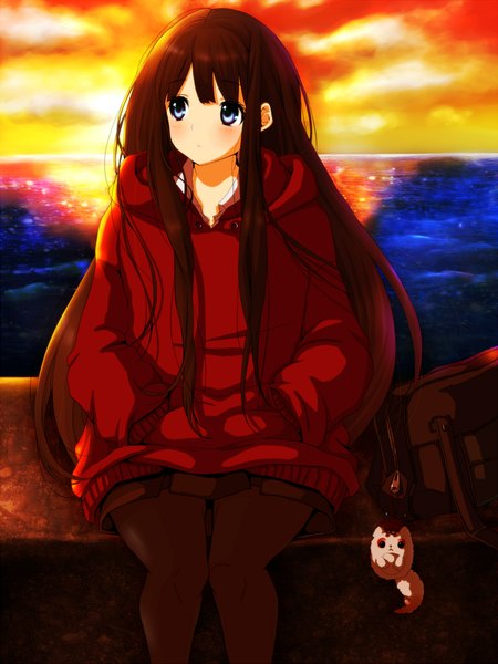 Anime picture 800x1066 with original sgz single long hair tall image blush blue eyes brown hair looking away cloud (clouds) evening sunset girl skirt sea sweater school bag trinket