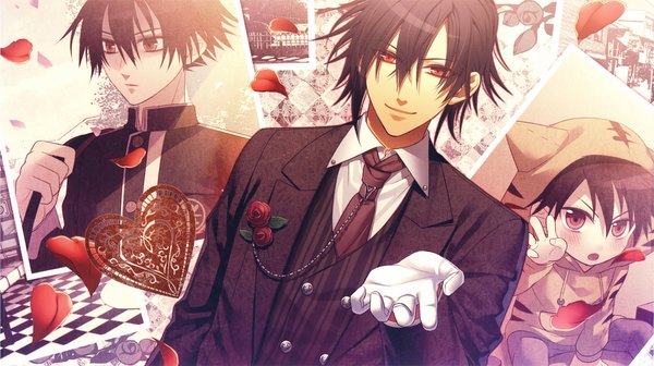 Anime picture 2100x1178 with amnesia idea factory shin (amnesia) hanamura mai looking at viewer highres short hair smile red eyes brown hair wide image scan boy gloves flower (flowers) petals necktie rose (roses) vest suit