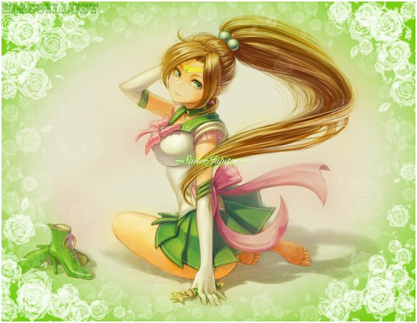 Anime picture 1000x775 with bishoujo senshi sailor moon toei animation kino makoto sailor jupiter maco (macoillust) single long hair looking at viewer brown hair green eyes ponytail barefoot girl gloves hair ornament flower (flowers) bow elbow gloves boots sailor suit
