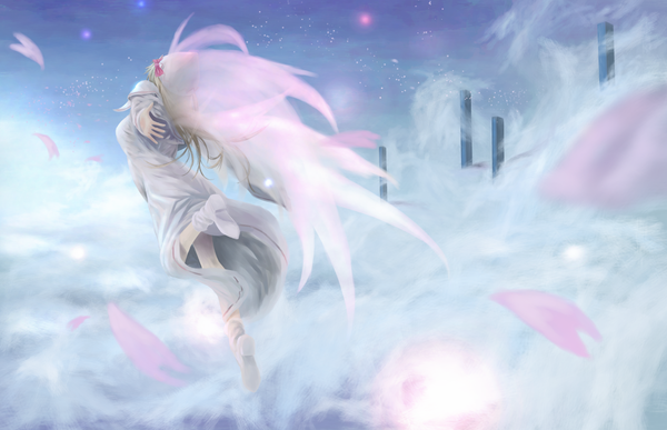 Anime picture 1700x1097 with touhou lily white akaikitsune single long hair highres blonde hair cloud (clouds) from behind spread arms flying girl dress petals wings white dress star (stars) cap