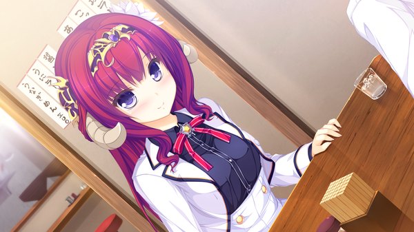 Anime picture 1920x1080 with world election whirlpool (studio) sophia usty long hair blush highres blue eyes smile wide image game cg red hair horn (horns) girl uniform school uniform headband