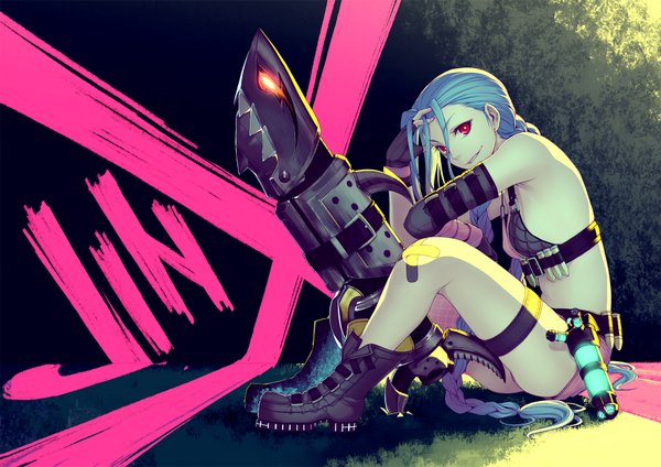 Anime picture 1800x1272 with league of legends jinx (league of legends) kimura daisuke single looking at viewer highres light erotic smile red eyes sitting bare shoulders blue hair full body braid (braids) very long hair inscription twin braids hand on head between legs girl