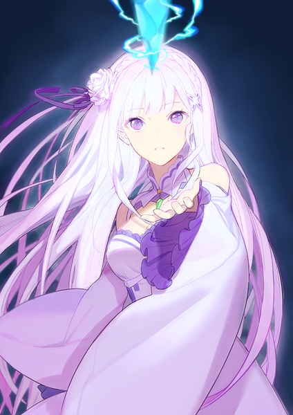 Anime picture 636x900 with re:zero kara hajimeru isekai seikatsu white fox emilia (re:zero) blush scarlet single long hair tall image looking at viewer purple eyes white hair hair flower dark background girl dress flower (flowers)