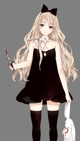 Anime picture 1143x2000 with original hoshii hisa single long hair tall image fringe simple background hair between eyes standing holding brown eyes looking away head tilt zettai ryouiki sleeveless bloody weapon girl thighhighs dress weapon