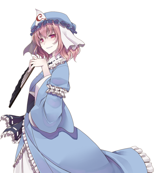 Anime picture 1145x1285 with touhou saigyouji yuyuko crote single tall image short hair red eyes pink hair transparent background girl dress bonnet fan