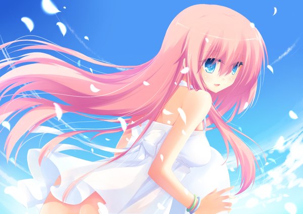 Anime picture 1500x1061 with pink hair aqua eyes girl dress petals egg