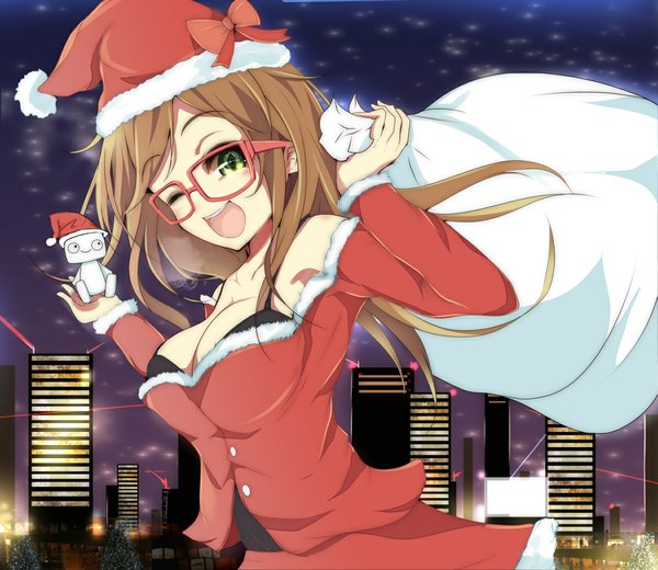Anime picture 1194x1035 with original velia (artist) single long hair blush open mouth brown hair green eyes one eye closed wink fur trim city girl bow glasses fur santa claus hat