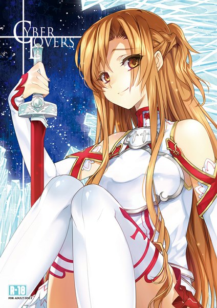 Anime picture 700x991 with sword art online a-1 pictures yuuki asuna creayus single long hair tall image looking at viewer smile brown hair sitting bare shoulders brown eyes girl thighhighs weapon detached sleeves white thighhighs sword armor