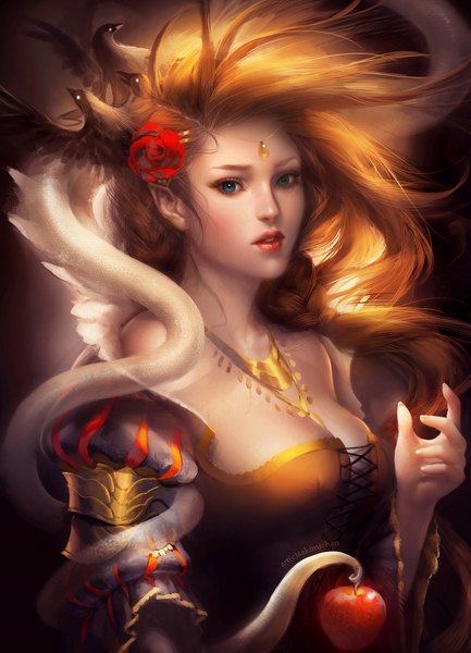 Anime picture 1443x2000 with snow white sakimichan long hair tall image blue eyes brown hair signed cleavage braid (braids) hair flower wind lips pointy ears realistic girl dress hair ornament flower (flowers) animal bird (birds)