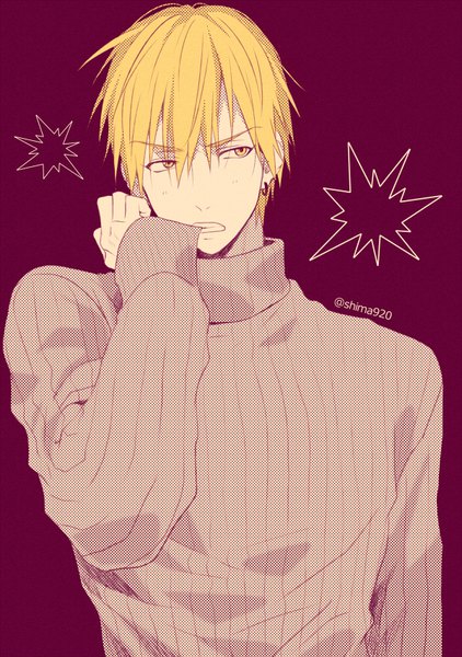 Anime picture 600x852 with kuroko no basket production i.g kise ryouta mashima shima single tall image fringe short hair simple background blonde hair hair between eyes holding signed yellow eyes looking away upper body mouth hold red background boy sweater