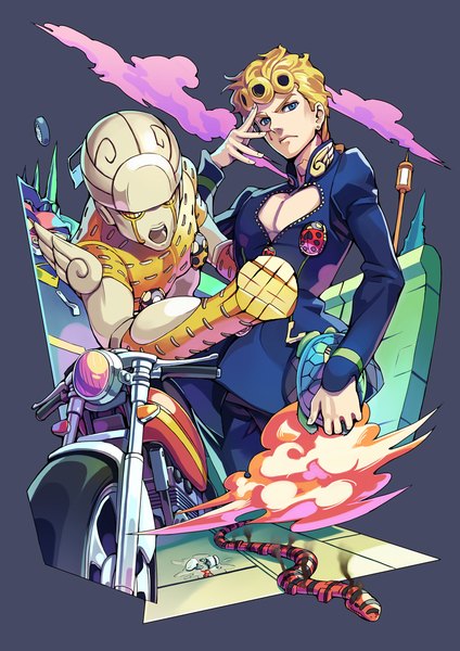 Anime picture 820x1160 with jojo no kimyou na bouken giorno giovanna gold experience coco jumbo ryuutetsu tall image short hair blue eyes simple background blonde hair holding looking away dark background hand on face stand (jojo) boy animal blood ground vehicle snake