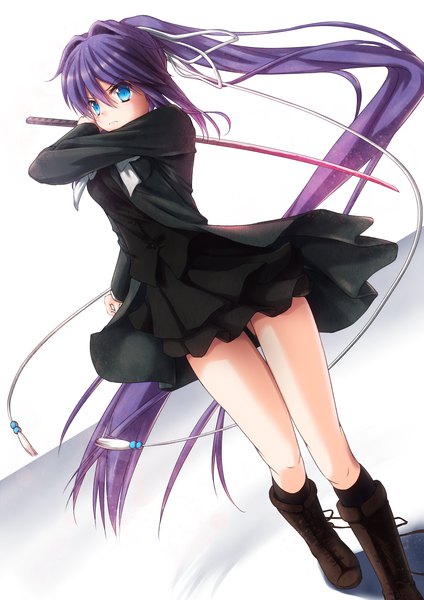 Anime picture 1488x2104 with rewrite konohana lucia asahi (ge nyu) single tall image blush fringe blue eyes light erotic hair between eyes standing white background purple hair ponytail very long hair dutch angle floating hair ass visible through thighs lacing >:(