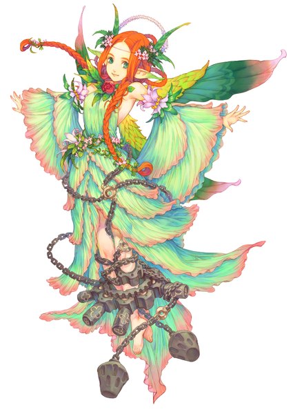 Anime picture 2580x3642 with avalon code mieli (avalon code) haccan long hair tall image highres simple background white background green eyes braid (braids) barefoot pointy ears elf bondage girl dress flower (flowers) detached sleeves wings chain