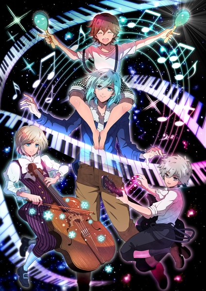 Anime picture 1451x2048 with uta no prince-sama a-1 pictures mikaze ai kurosaki ranmaru kotobuki reiji camus long hair tall image short hair open mouth blue eyes blonde hair brown hair sitting bent knee (knees) eyes closed pink eyes barefoot aqua eyes grey hair