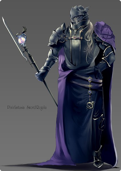 Anime picture 1500x2120 with original pixiv fantasia pixiv fantasia sword regalia nicole pmonachi single long hair tall image simple background blonde hair inscription grey background hand on hip boy weapon armor cape staff