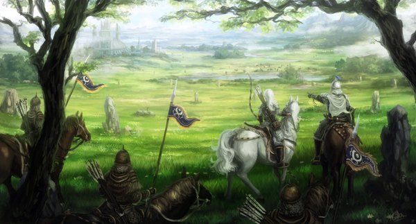 Anime picture 3250x1750 with original makkou 4 long hair highres wide image outstretched arm mountain fantasy pointing field riding meadow weapon plant (plants) animal tree (trees) water armor grass helmet