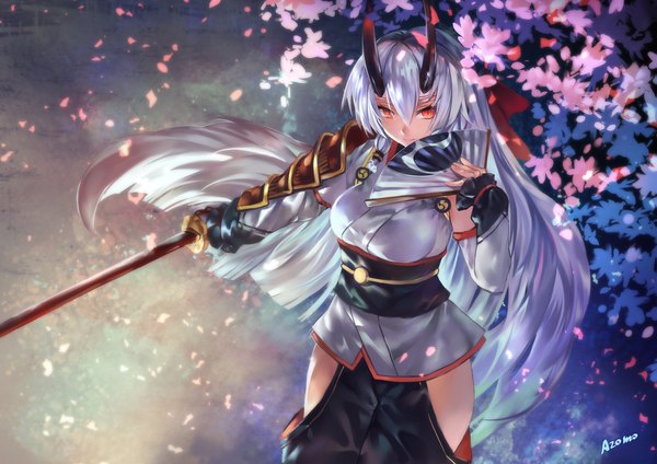 Anime picture 2263x1600 with fate (series) fate/grand order tomoe gozen (fate) azomo single long hair looking at viewer fringe highres smile hair between eyes red eyes holding signed silver hair outdoors traditional clothes japanese clothes horn (horns) wind