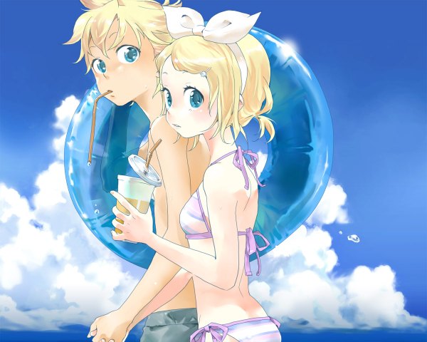 Anime picture 1200x960 with vocaloid kagamine rin kagamine len tagme (artist) looking at viewer short hair blue eyes blonde hair holding sky cloud (clouds) holding hands twins girl boy hair ornament bow swimsuit hair bow bikini