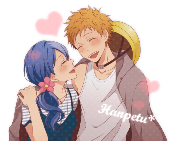 Anime picture 1200x960 with happy tree friends petunia handy tagme (artist) blush short hair open mouth blonde hair white background blue hair eyes closed profile hair flower inscription couple hug striped personification girl boy