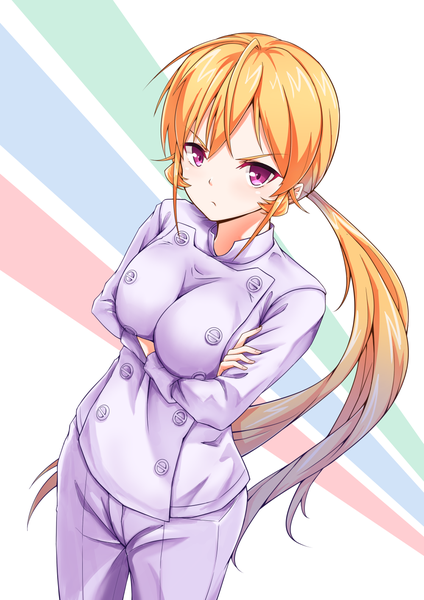 Anime picture 1000x1416 with shokugeki no soma j.c. staff nakiri erina profnote single long hair tall image looking at viewer blonde hair purple eyes ponytail from above crossed arms chef girl uniform