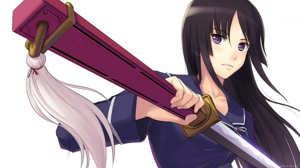 Anime picture 1920x1080 with ga-rei zero isayama yomi zhenlin single long hair fringe highres black hair simple background wide image white background purple eyes holding head tilt lips girl uniform weapon sword serafuku