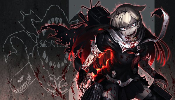 Anime picture 1515x868 with kantai collection yuudachi destroyer hetza (hellshock) single long hair looking at viewer fringe blonde hair smile red eyes wide image teeth zettai ryouiki sharp teeth remodel (kantai collection) crazy girl blood sailor suit