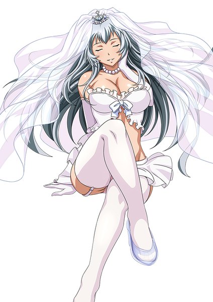 Anime picture 600x848 with ikkitousen chouun shiryuu single long hair tall image breasts light erotic white background silver hair eyes closed crossed legs girl thighhighs dress gloves white thighhighs elbow gloves white gloves wedding dress wedding veil