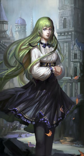 Anime picture 640x1183 with code geass sunrise (studio) c.c. narcolepsy-1900 single long hair tall image looking at viewer fringe breasts blue eyes standing green hair wind lips alternate costume frilly skirt girl ribbon (ribbons) shirt