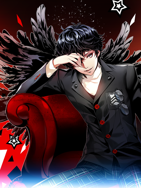 Anime picture 720x962 with persona 5 persona amamiya ren eu (euspia) single tall image short hair black hair smile sitting looking away silver eyes covering eye (eyes) eyewear removed boy uniform school uniform glasses star (symbol) feather (feathers)