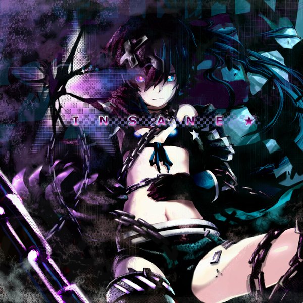 Anime picture 1120x1120 with black rock shooter black rock shooter (character) insane black rock shooter mdastarou single long hair looking at viewer blue eyes black hair twintails glowing glowing eye (eyes) girl navel shorts chain bikini top